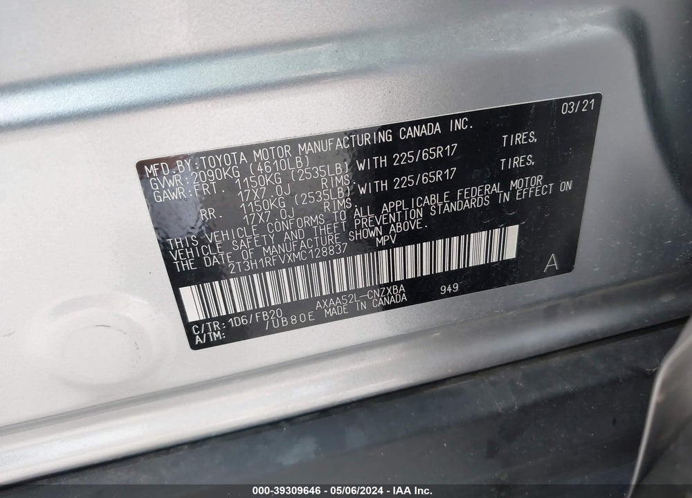 2021 TOYOTA RAV4 LE VIN: 2T3H1RFVXMC128837