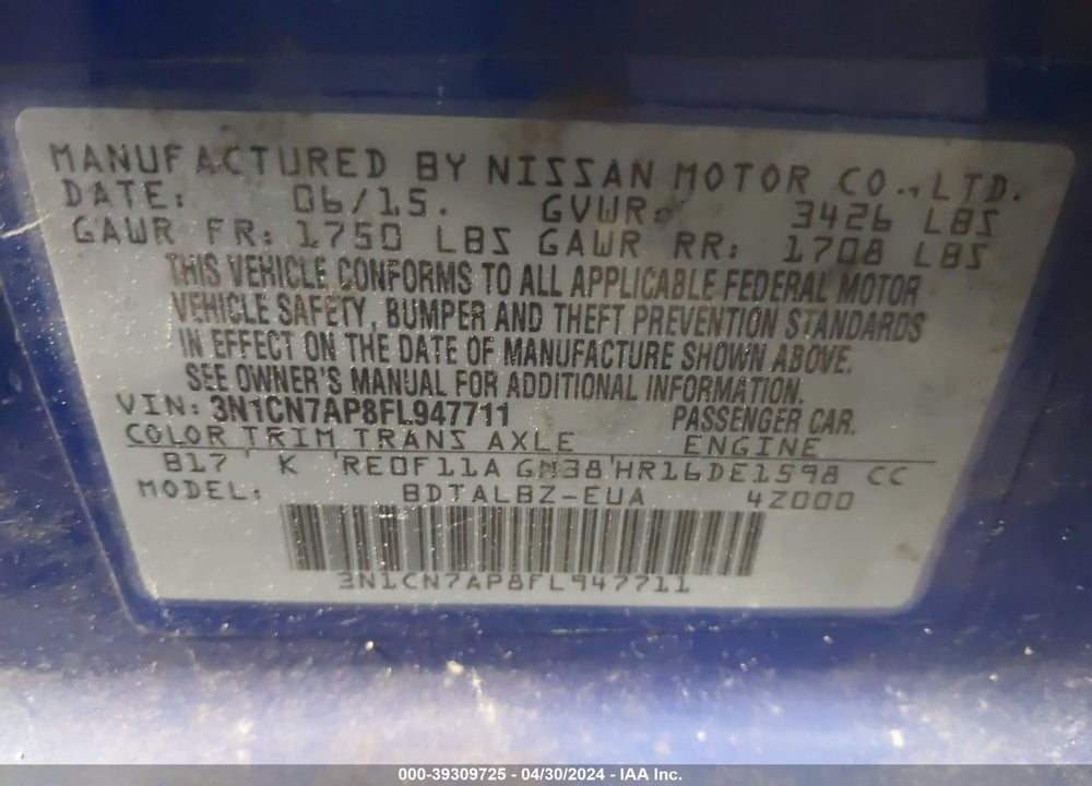2015 NISSAN VERSA 1.6 SV VIN: 3N1CN7AP8FL947711