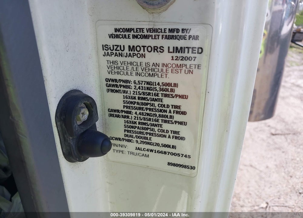 2008 ISUZU DSL REG VIN: JALC4W16687005745