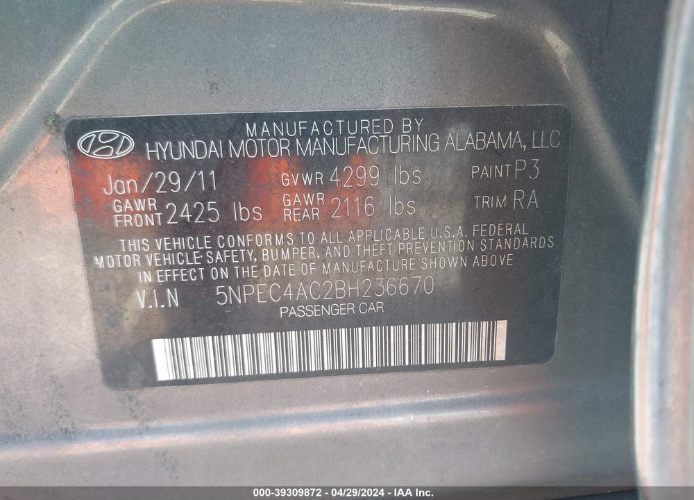 2011 HYUNDAI SONATA SE VIN: 5NPEC4AC2BH236670