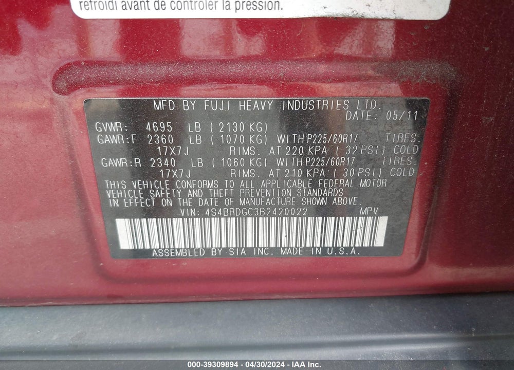 2011 SUBARU OUTBACK 3.6R PREMIUM VIN: 4S4BRDGC3B2420022