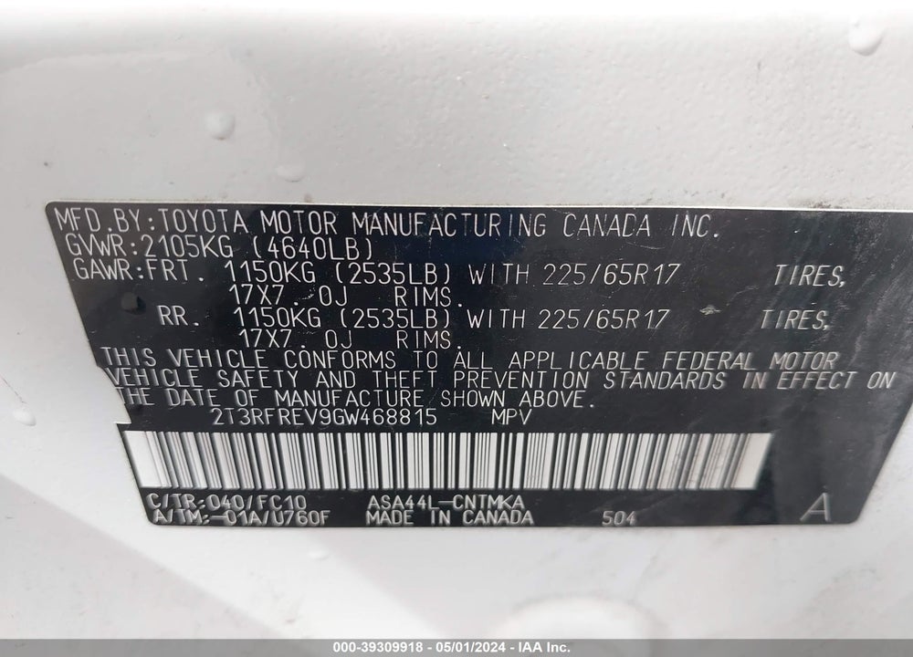 2016 TOYOTA RAV4 XLE VIN: 2T3RFREV9GW468815