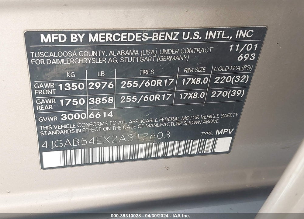 2002 MERCEDES-BENZ ML 320 VIN: 4JGAB54EX2A317603