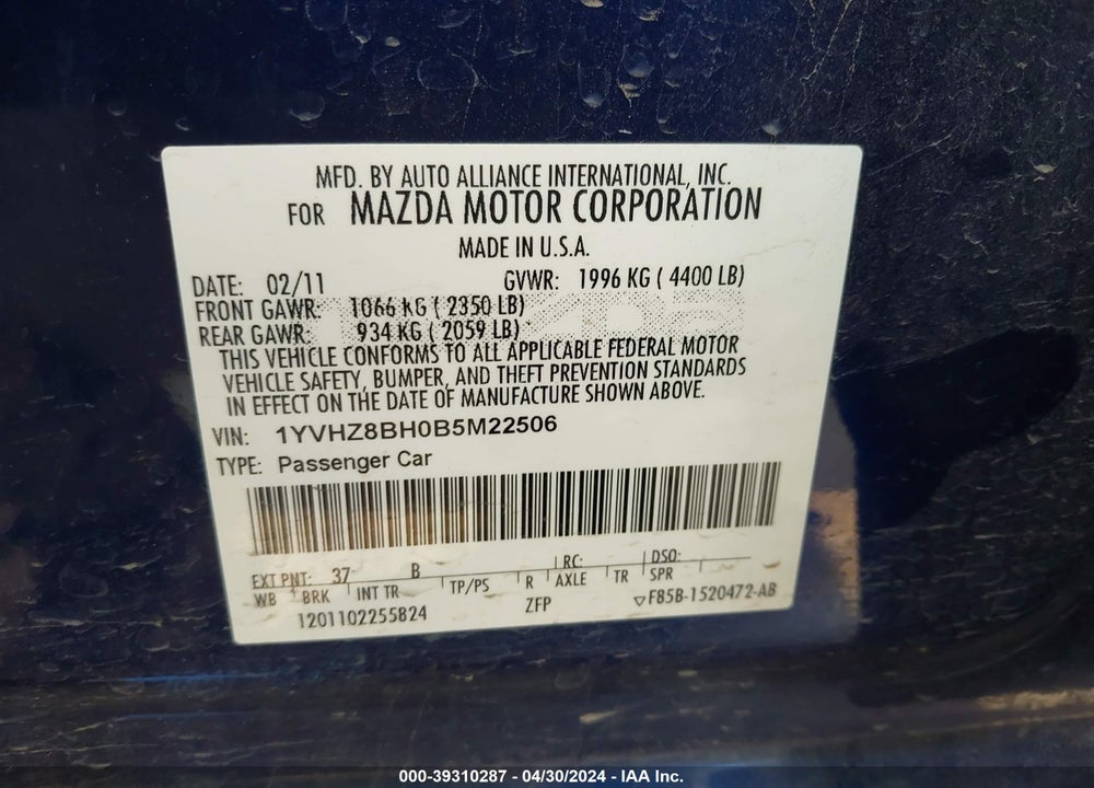 2011 MAZDA 6 I SPORT VIN: 1YVHZ8BH0B5M22506