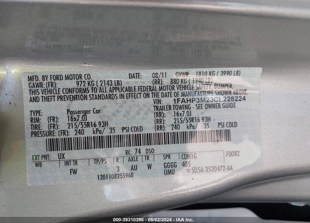 2012 FORD FOCUS SEL VIN: 1FAHP3M23CL228224