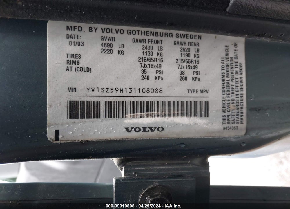 2003 VOLVO XC70 2.5T VIN: YV1SZ59H131108088