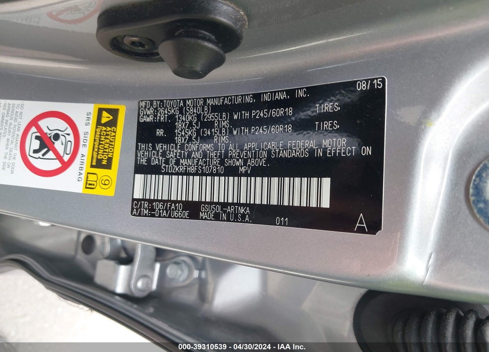 2015 TOYOTA HIGHLANDER LE PLUS V6 VIN: 5TDZKRFH8FS107810
