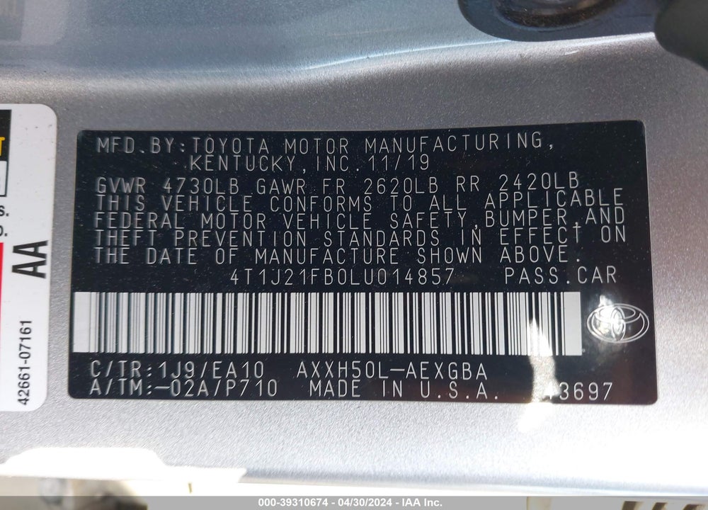 2020 TOYOTA AVALON HYBRID XLE VIN: 4T1J21FB0LU014857