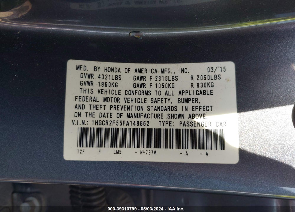 2015 HONDA ACCORD SPORT VIN: 1HGCR2F55FA148862