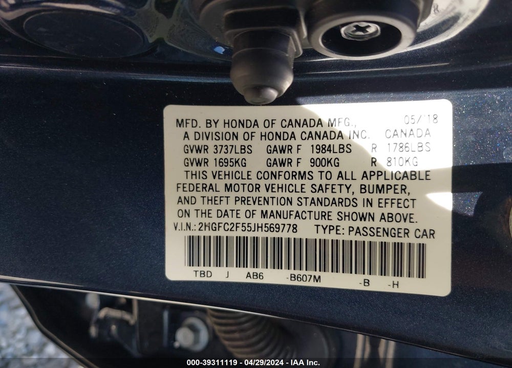 2018 HONDA CIVIC LX VIN: 2HGFC2F55JH569778