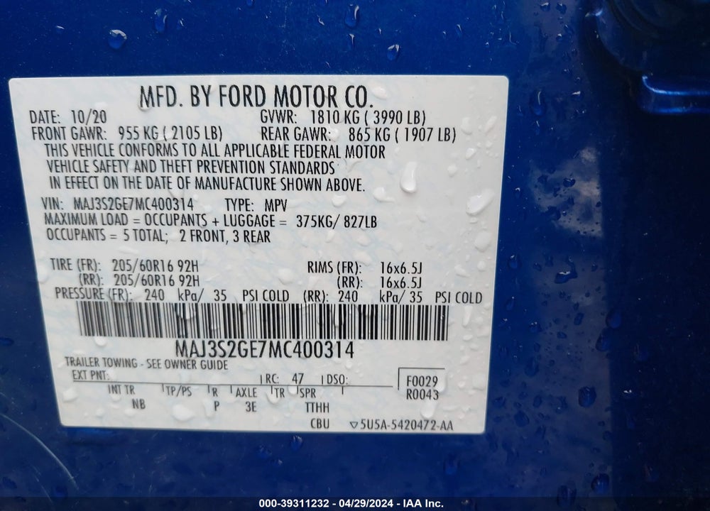 2021 FORD ECOSPORT SE VIN: MAJ3S2GE7MC400314