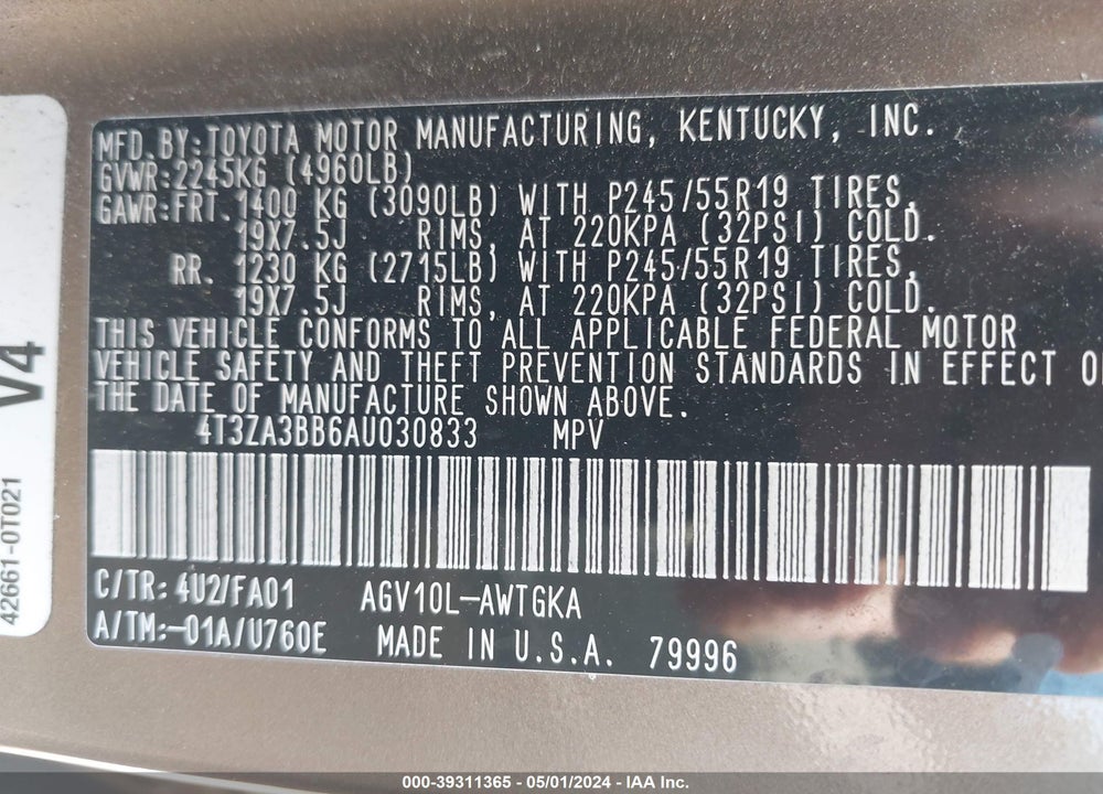 2010 TOYOTA VENZA VIN: 4T3ZA3BB6AU030833