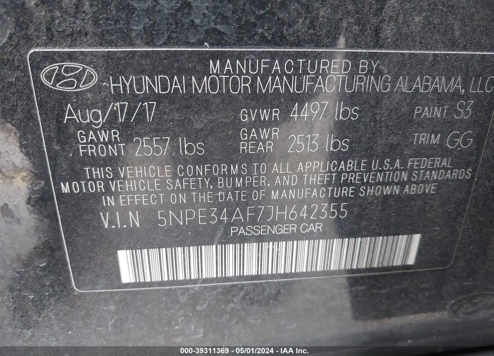 2018 HYUNDAI SONATA SEL VIN: 5NPE34AF7JH642355