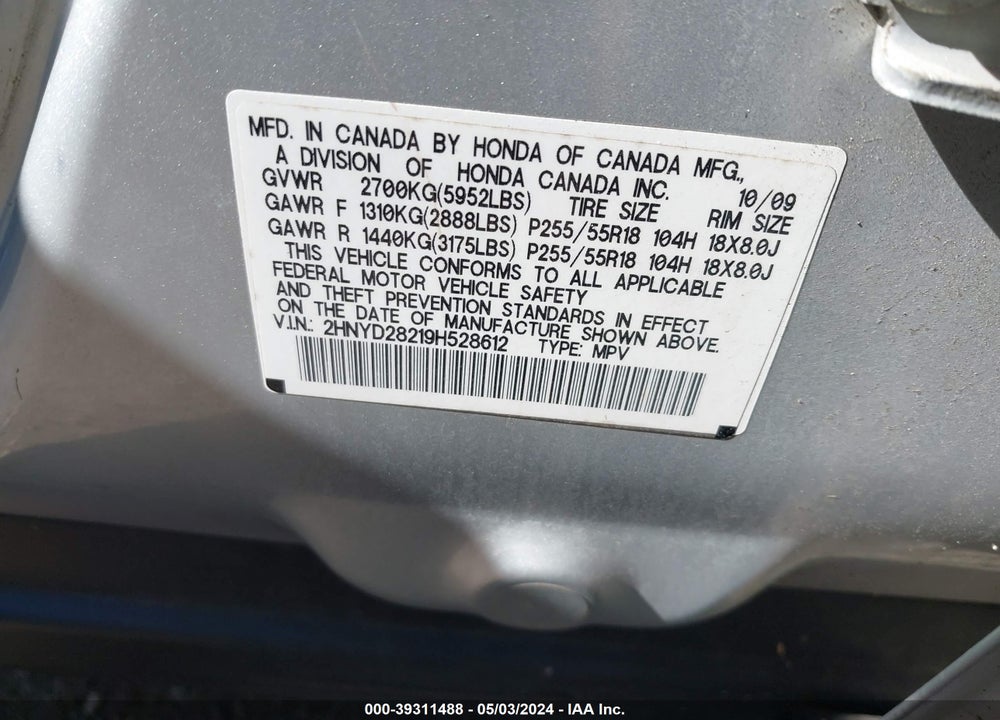 2009 ACURA MDX VIN: 2HNYD28219H528612