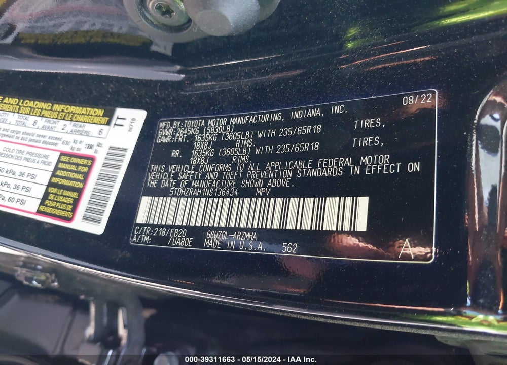 2022 TOYOTA HIGHLANDER XLE VIN: 5TDHZRAH1NS136434