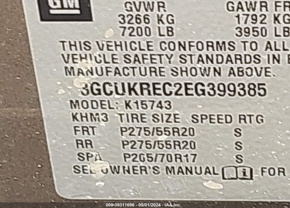 2014 CHEVROLET SILVERADO 1500 2LT VIN: 3GCUKREC2EG399385