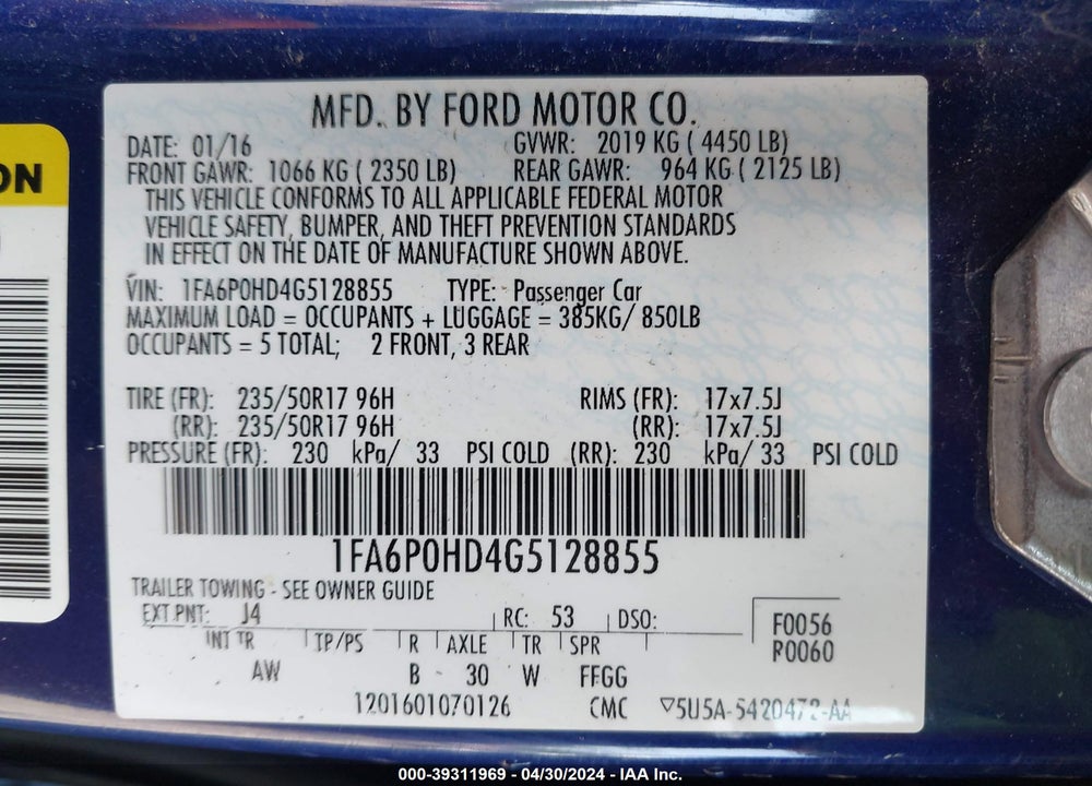 2016 FORD FUSION SE VIN: 1FA6P0HD4G5128855