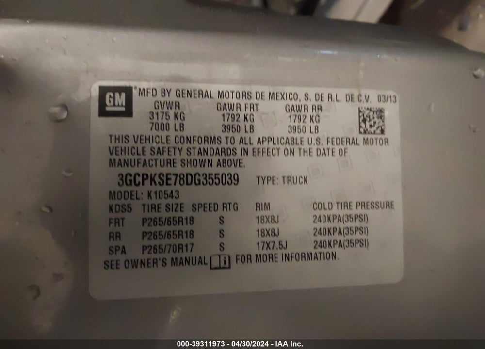 2013 CHEVROLET SILVERADO 1500 LT VIN: 3GCPKSE78DG355039