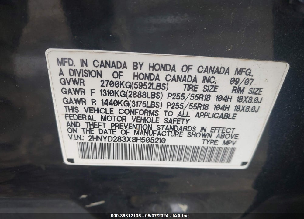 2008 ACURA MDX TECHNOLOGY PACKAGE VIN: 2HNYD283X8H505210