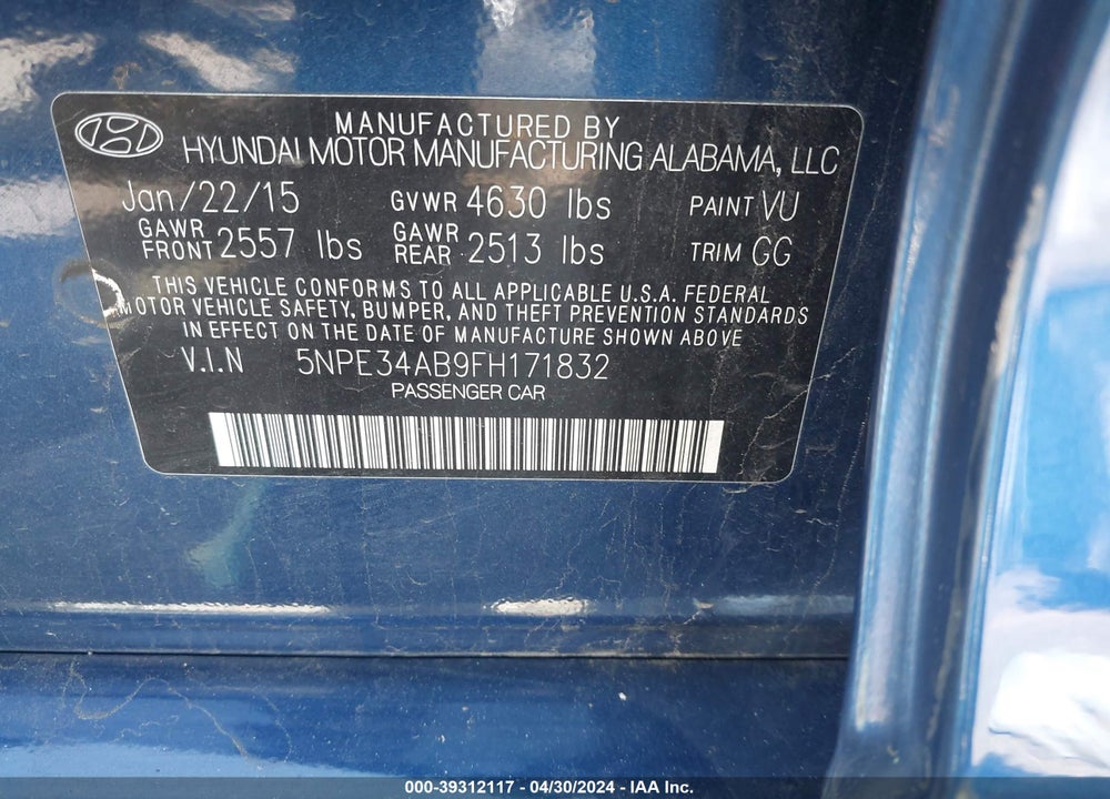 2015 HYUNDAI SONATA LIMITED 2.0T VIN: 5NPE34AB9FH171832
