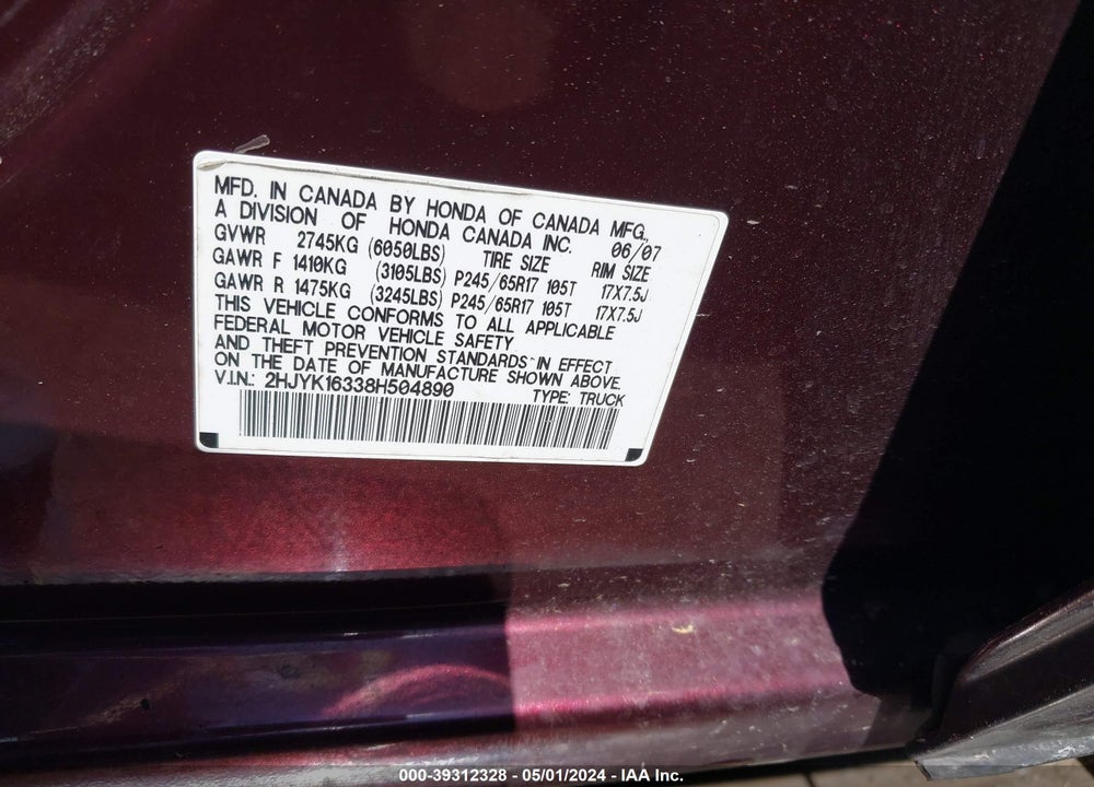 2008 HONDA RIDGELINE RTX VIN: 2HJYK16338H504890