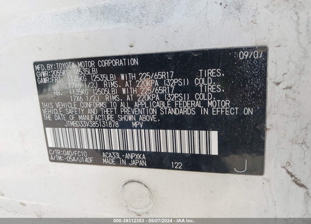 2008 TOYOTA RAV4 VIN: JTMBD33V385131878