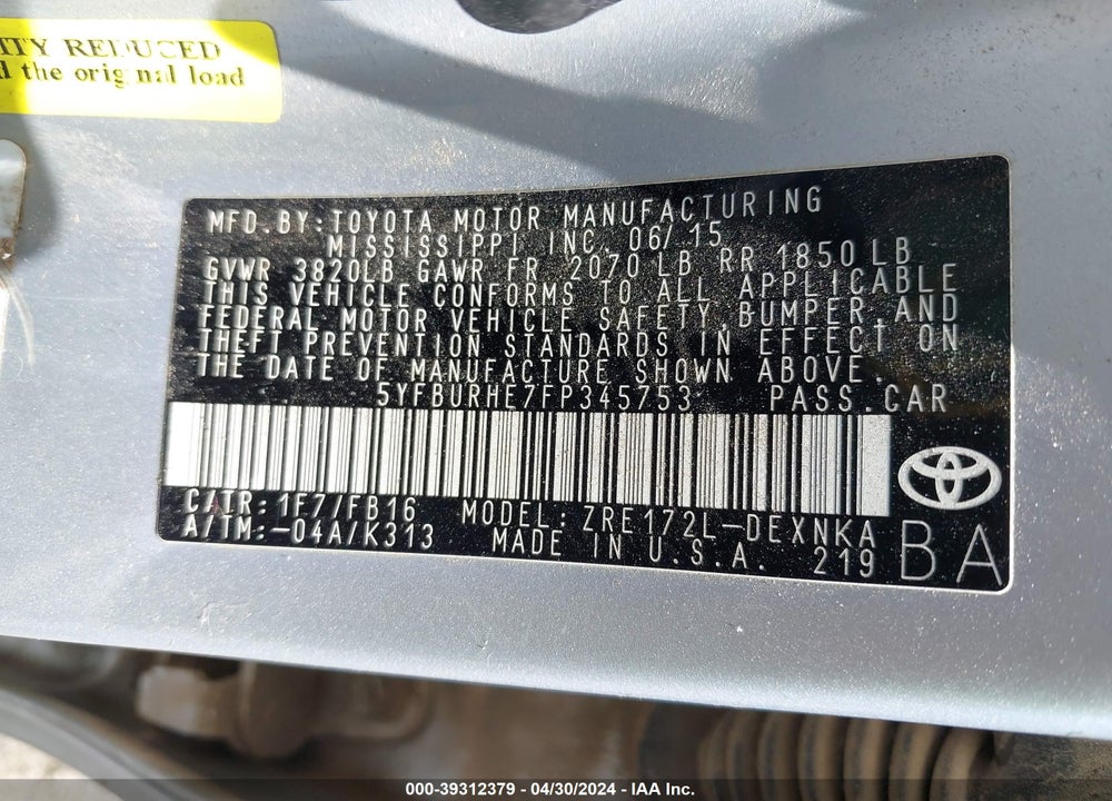 2015 TOYOTA COROLLA LE VIN: 5YFBURHE7FP345753
