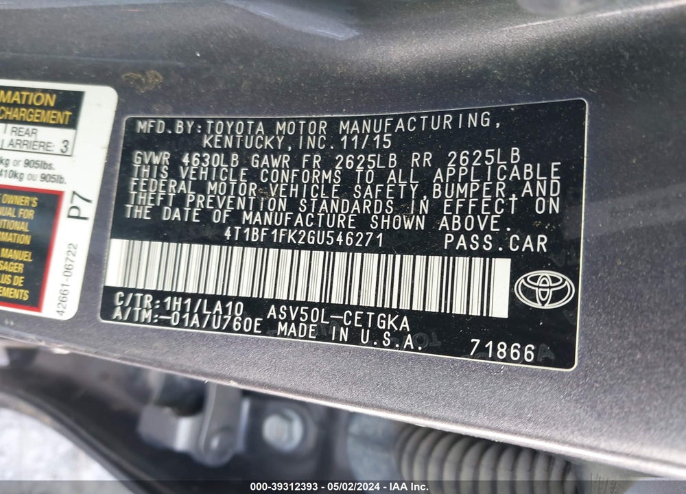 2016 TOYOTA CAMRY VIN: 4T1BF1FK2GU546271