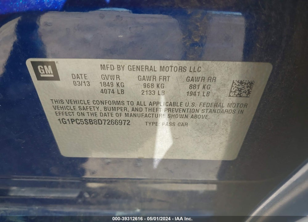 2013 CHEVROLET CRUZE 1LT AUTO VIN: 1G1PC5SB8D7266972