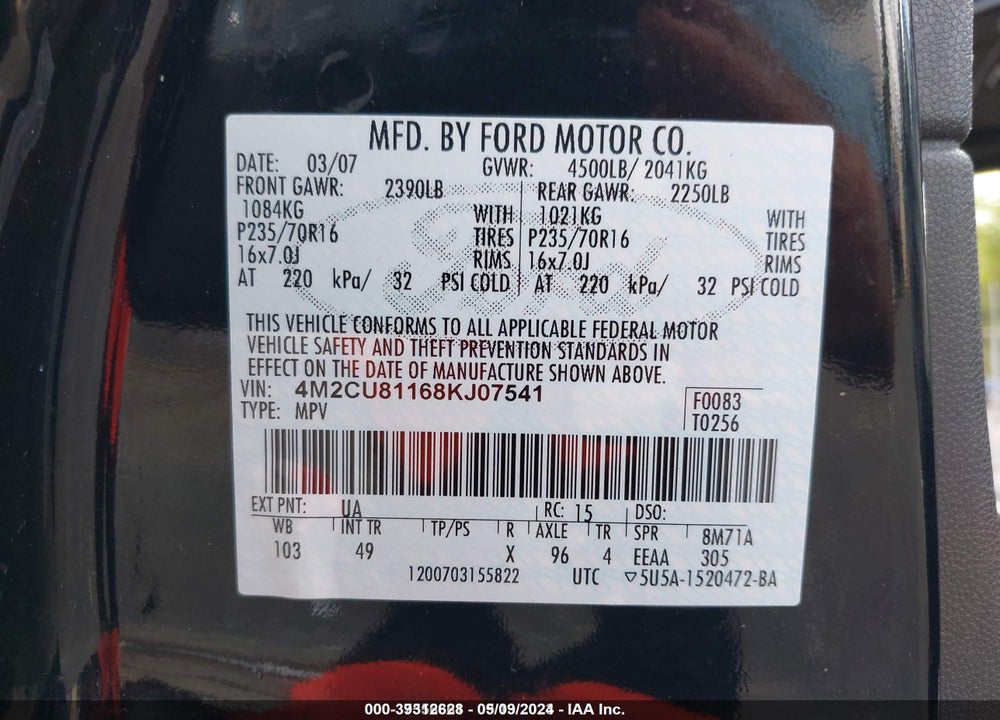2008 MERCURY MARINER V6 VIN: 4M2CU81168KJ07541