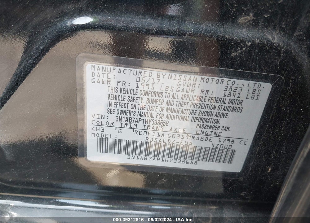 2017 NISSAN SENTRA SV VIN: 3N1AB7AP1HY338658