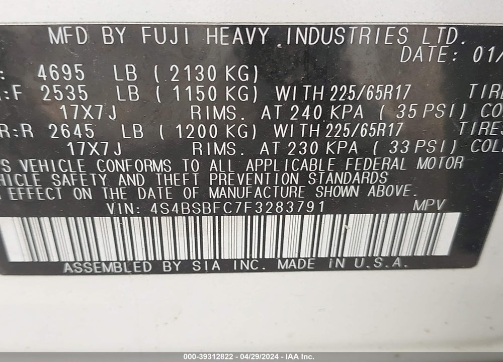 2015 SUBARU OUTBACK 2.5I PREMIUM VIN: 4S4BSBFC7F3283791