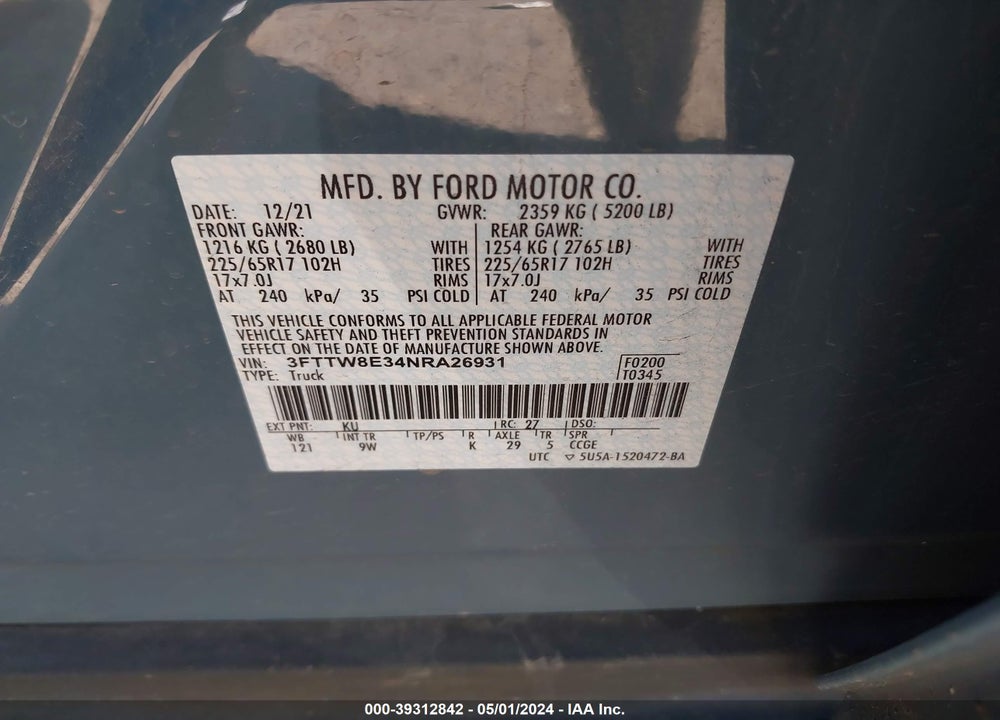 2022 FORD MAVERICK XL VIN: 3FTTW8E34NRA26931