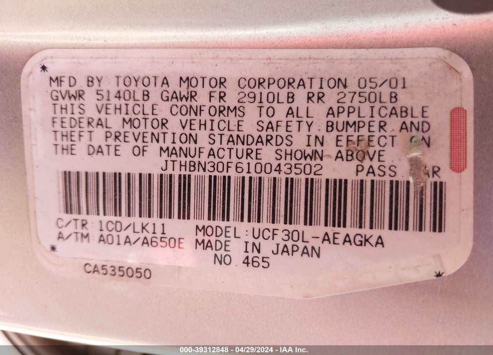2001 LEXUS LS 430 VIN: JTHBN30F610043502