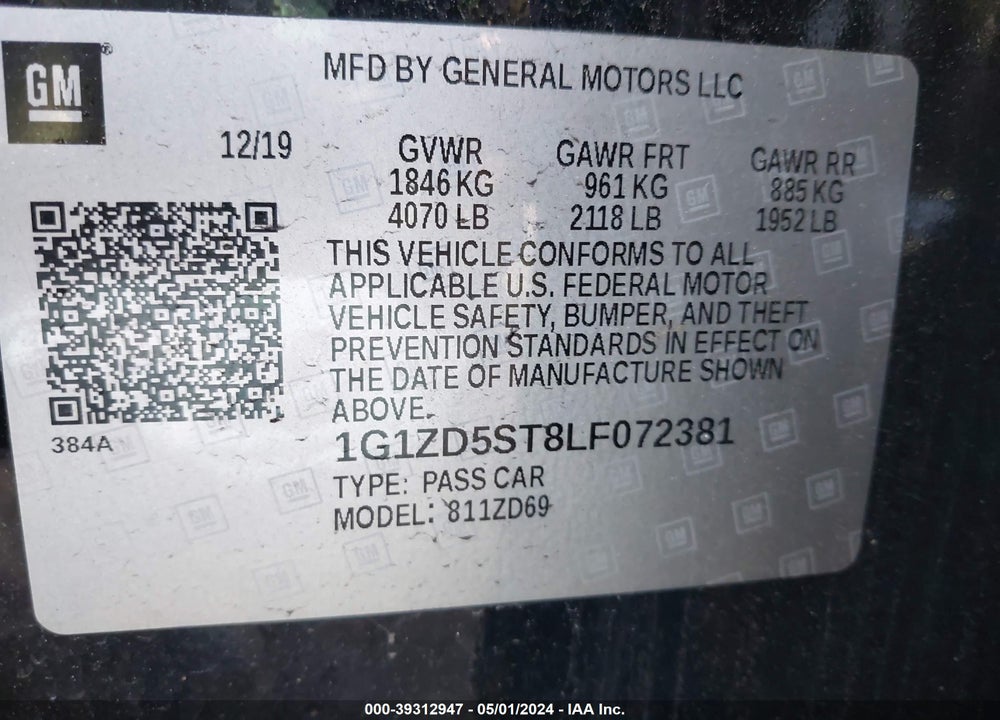 2020 CHEVROLET MALIBU FWD LT VIN: 1G1ZD5ST8LF072381