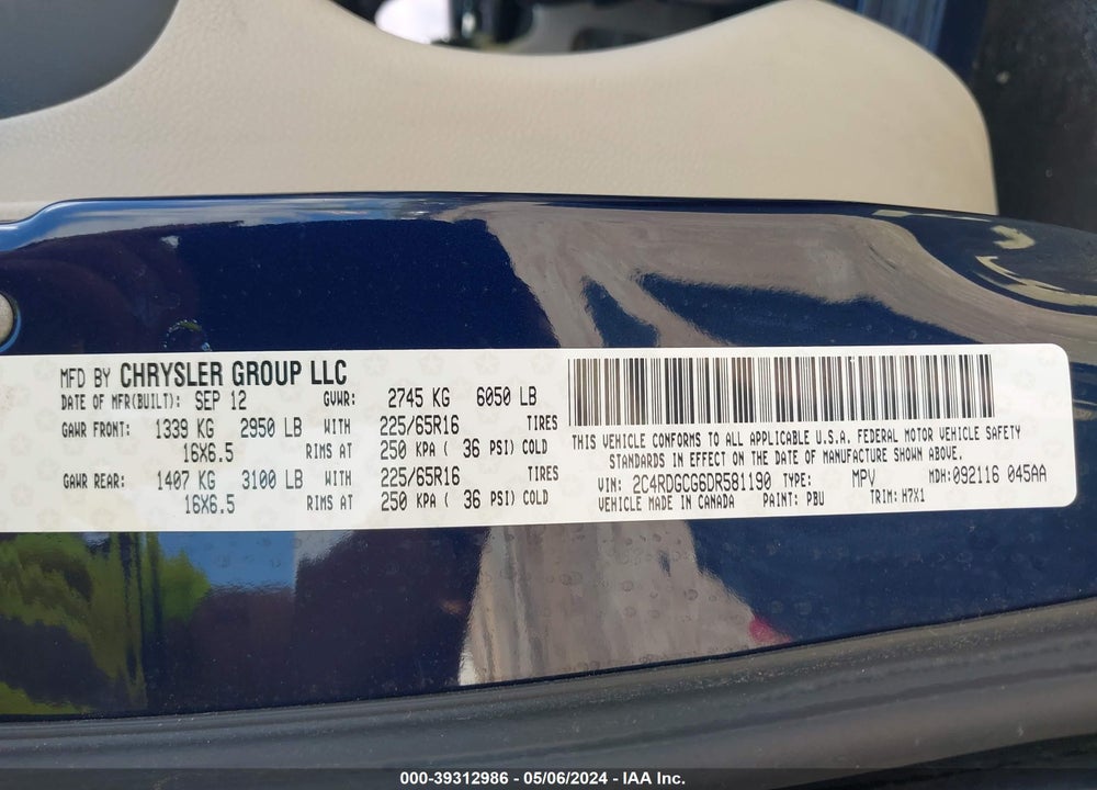2013 DODGE GRAND CARAVAN SXT VIN: 2C4RDGCG6DR581190