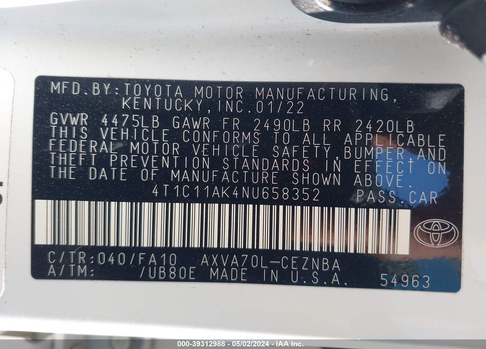2022 TOYOTA CAMRY LE VIN: 4T1C11AK4NU658352