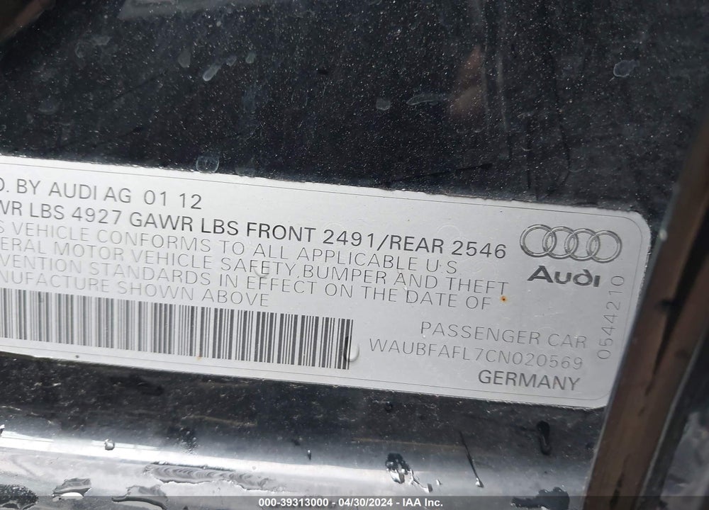 2012 AUDI A4 2.0T PREMIUM VIN: WAUBFAFL7CN020569