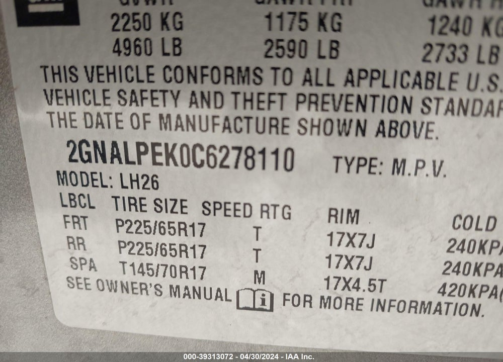 2012 CHEVROLET EQUINOX 2LT VIN: 2GNALPEK0C6278110