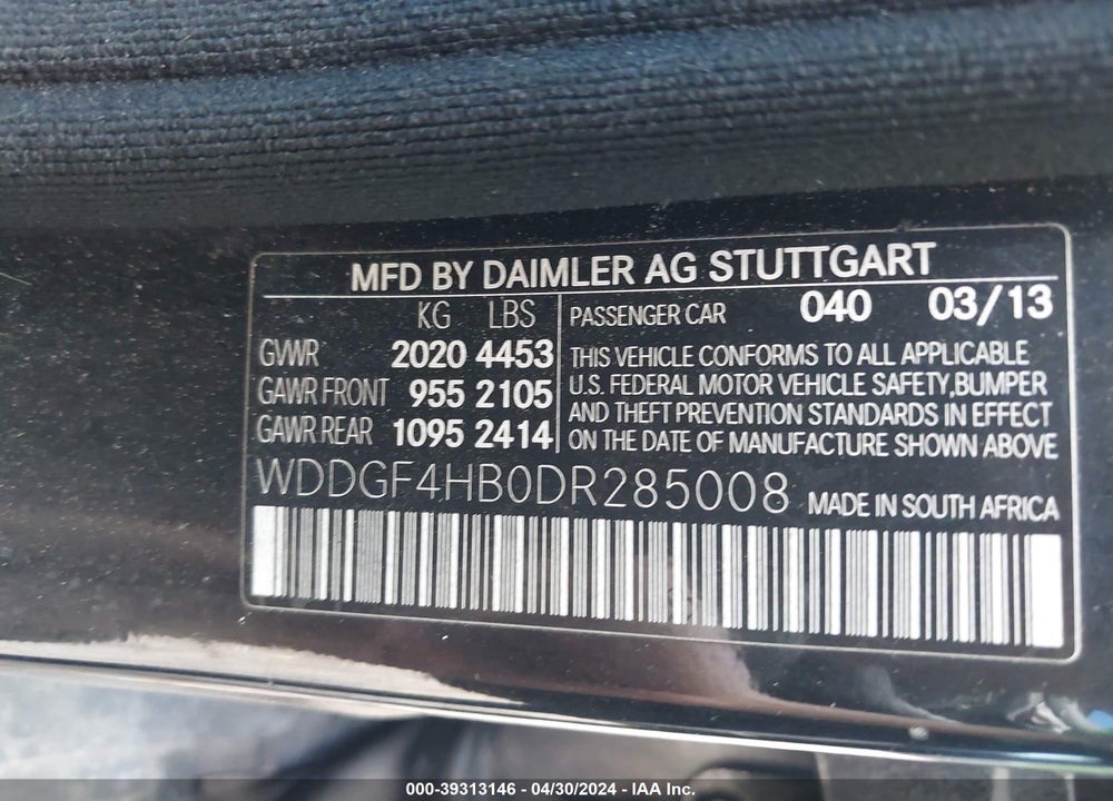 2013 MERCEDES-BENZ C 250 LUXURY/SPORT VIN: WDDGF4HB0DR285008