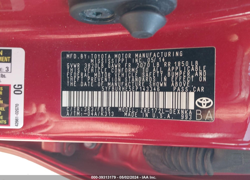 2014 TOYOTA COROLLA LE VIN: 5YFBURHE5EP143346
