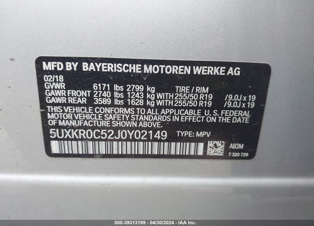 2018 BMW X5 XDRIVE35I VIN: 5UXKR0C52J0Y02149