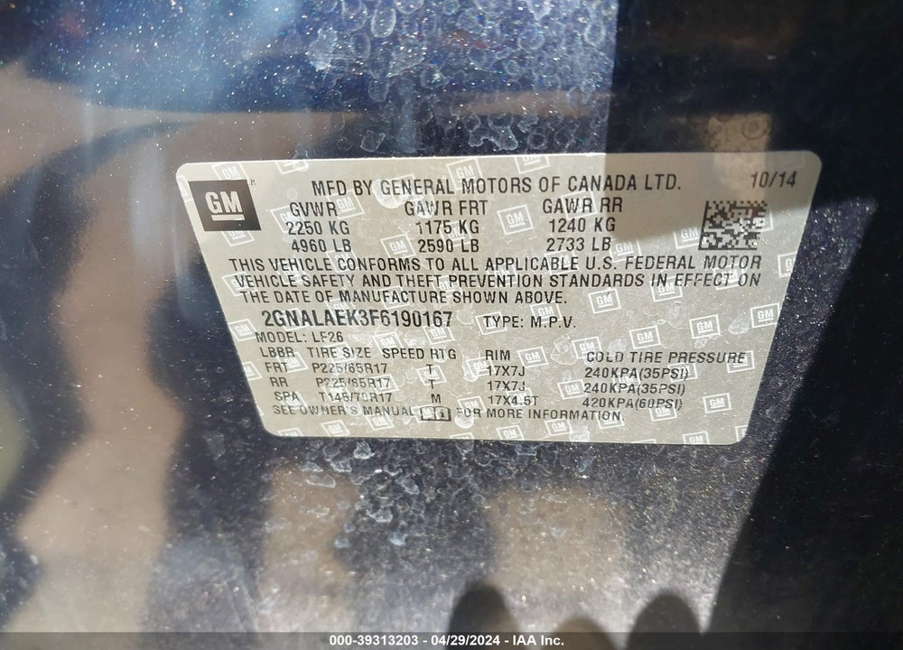 2015 CHEVROLET EQUINOX LS VIN: 2GNALAEK3F6190167