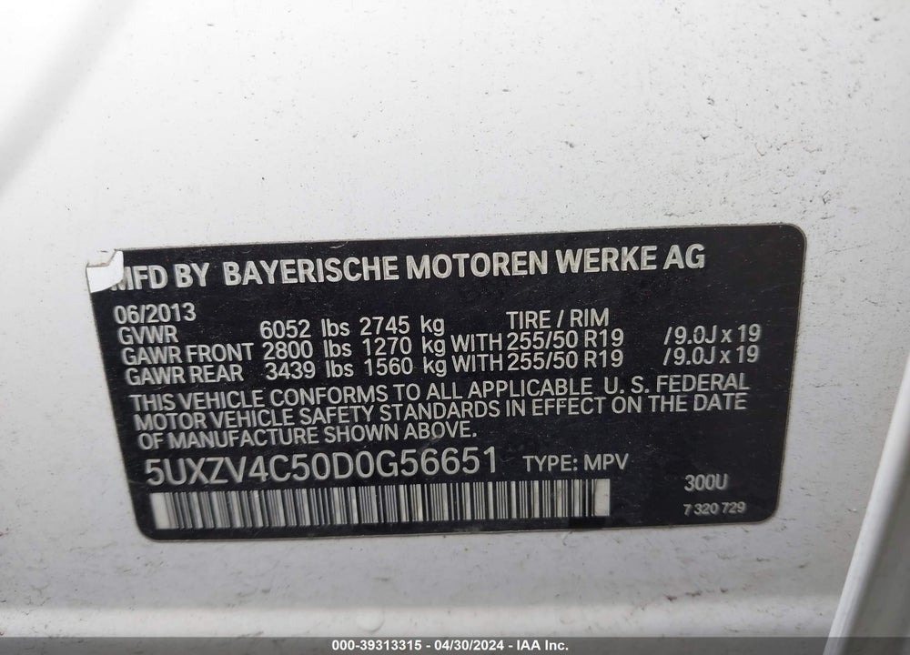 2013 BMW X5 XDRIVE35I/XDRIVE35I PREMIUM/XDRIVE35I SPORT ACTIVITY VIN: 5UXZV4C50D0G56651