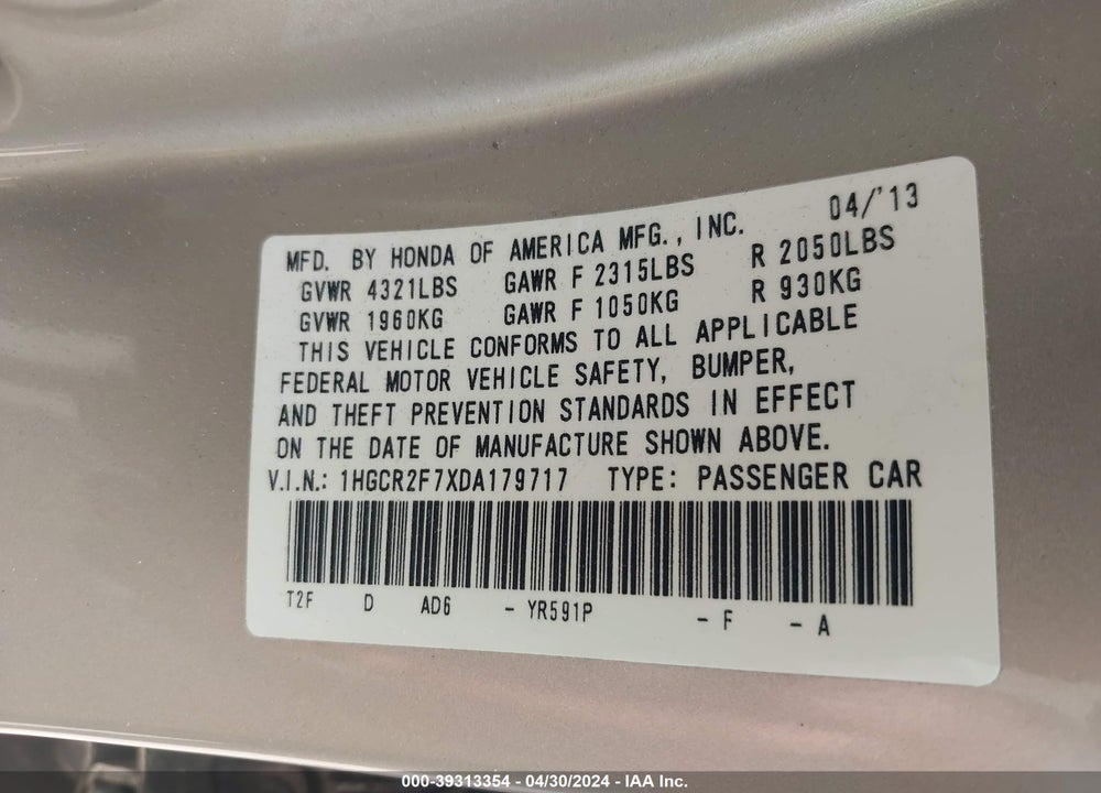 2013 HONDA ACCORD EX VIN: 1HGCR2F7XDA179717