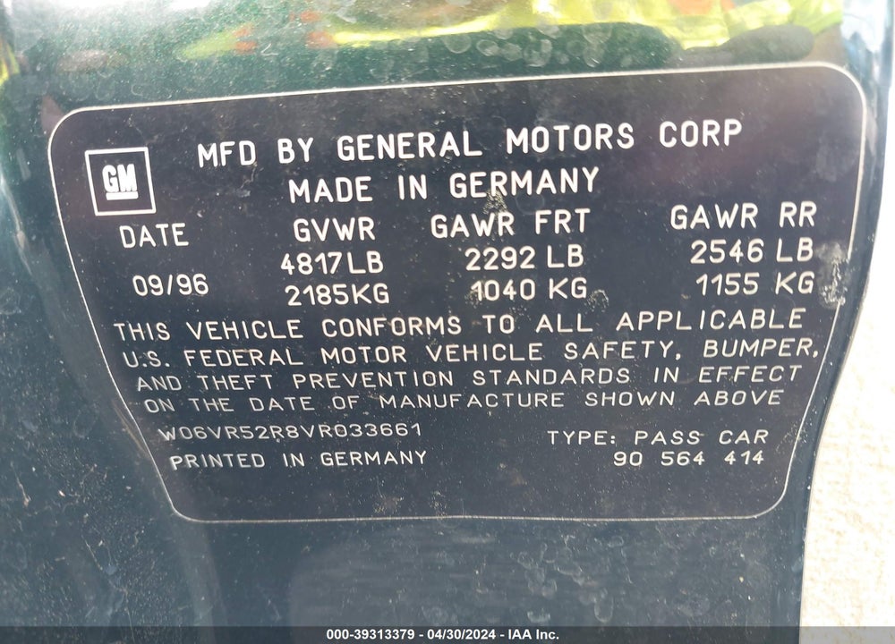 1997 CADILLAC CATERA STANDARD VIN: W06VR52R8VR033661