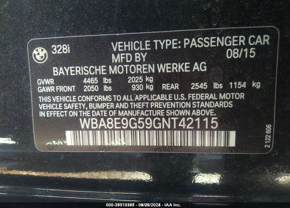 2016 BMW 328I VIN: WBA8E9G59GNT42115