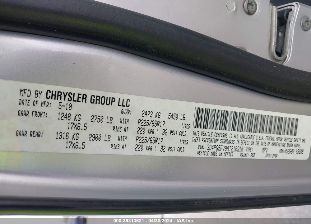 2010 DODGE JOURNEY SXT VIN: 3D4PG5FV9AT210310