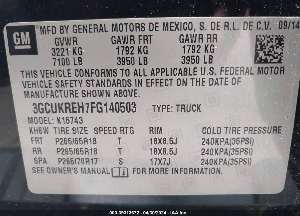 2015 CHEVROLET SILVERADO 1500 2LT VIN: 3GCUKREH7FG140503