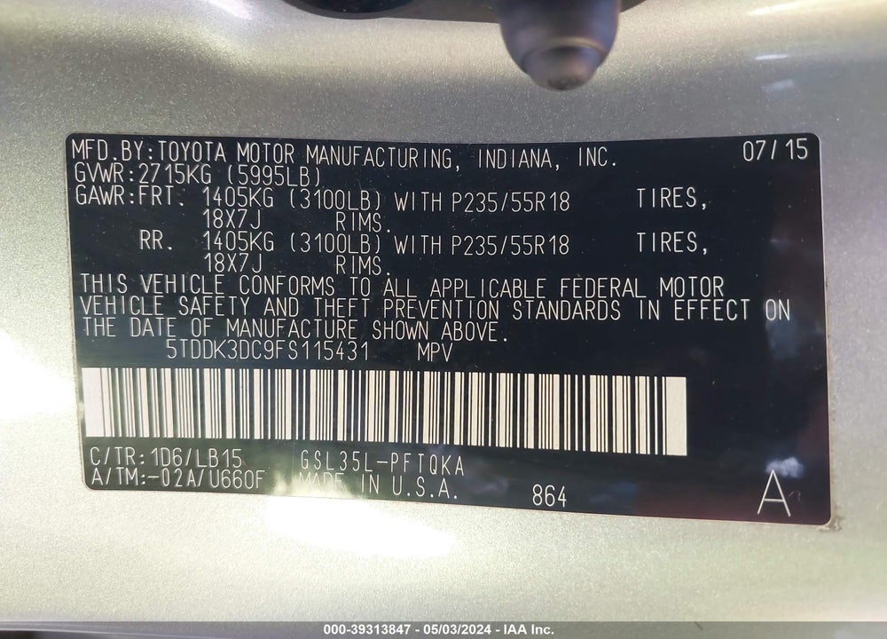 2015 TOYOTA SIENNA LIMITED PREMIUM 7 PASSENGER VIN: 5TDDK3DC9FS115431
